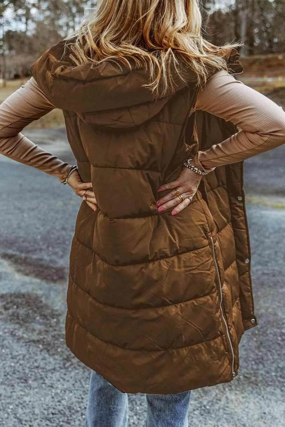 Bona Fide Fashion - Longline Hooded Sleeveless Puffer Vest - Women Fashion - Bona Fide Fashion