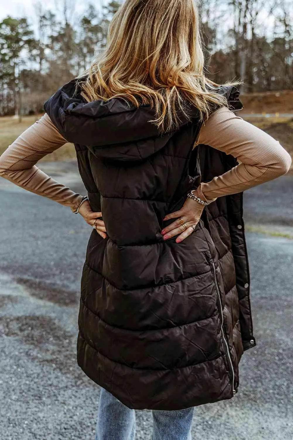 Bona Fide Fashion - Longline Hooded Sleeveless Puffer Vest - Women Fashion - Bona Fide Fashion
