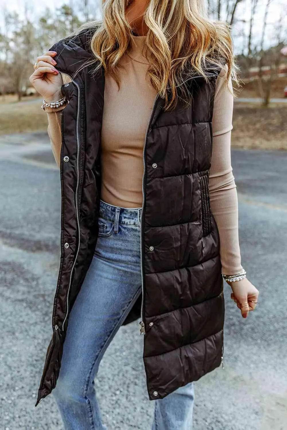 Bona Fide Fashion - Longline Hooded Sleeveless Puffer Vest - Women Fashion - Bona Fide Fashion