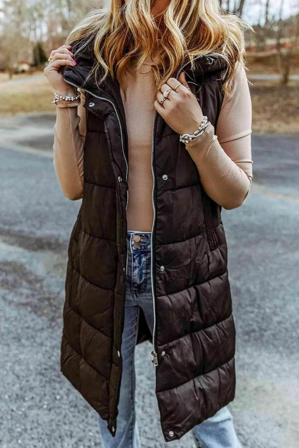 Bona Fide Fashion - Longline Hooded Sleeveless Puffer Vest - Women Fashion - Bona Fide Fashion