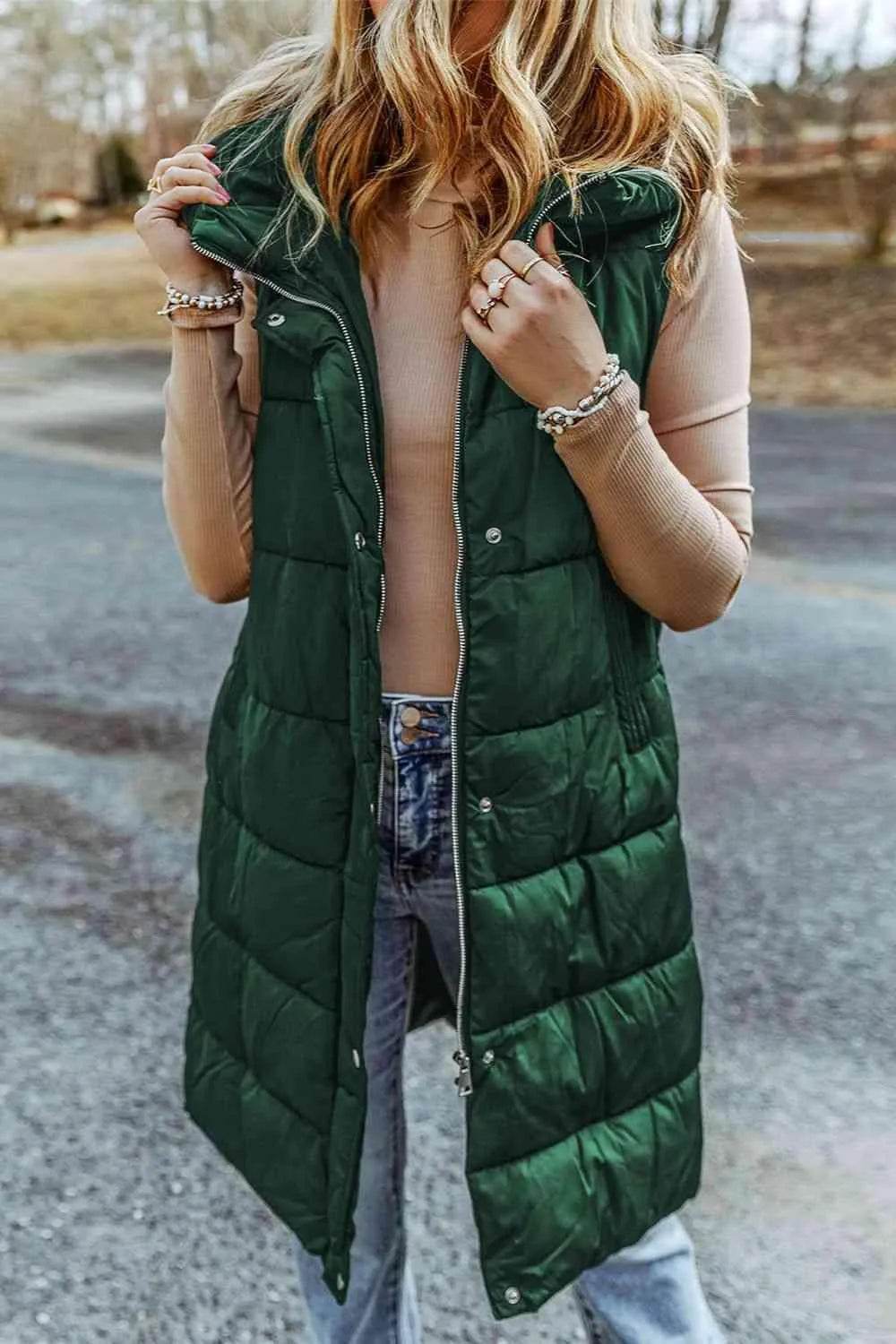 Bona Fide Fashion - Longline Hooded Sleeveless Puffer Vest - Women Fashion - Bona Fide Fashion