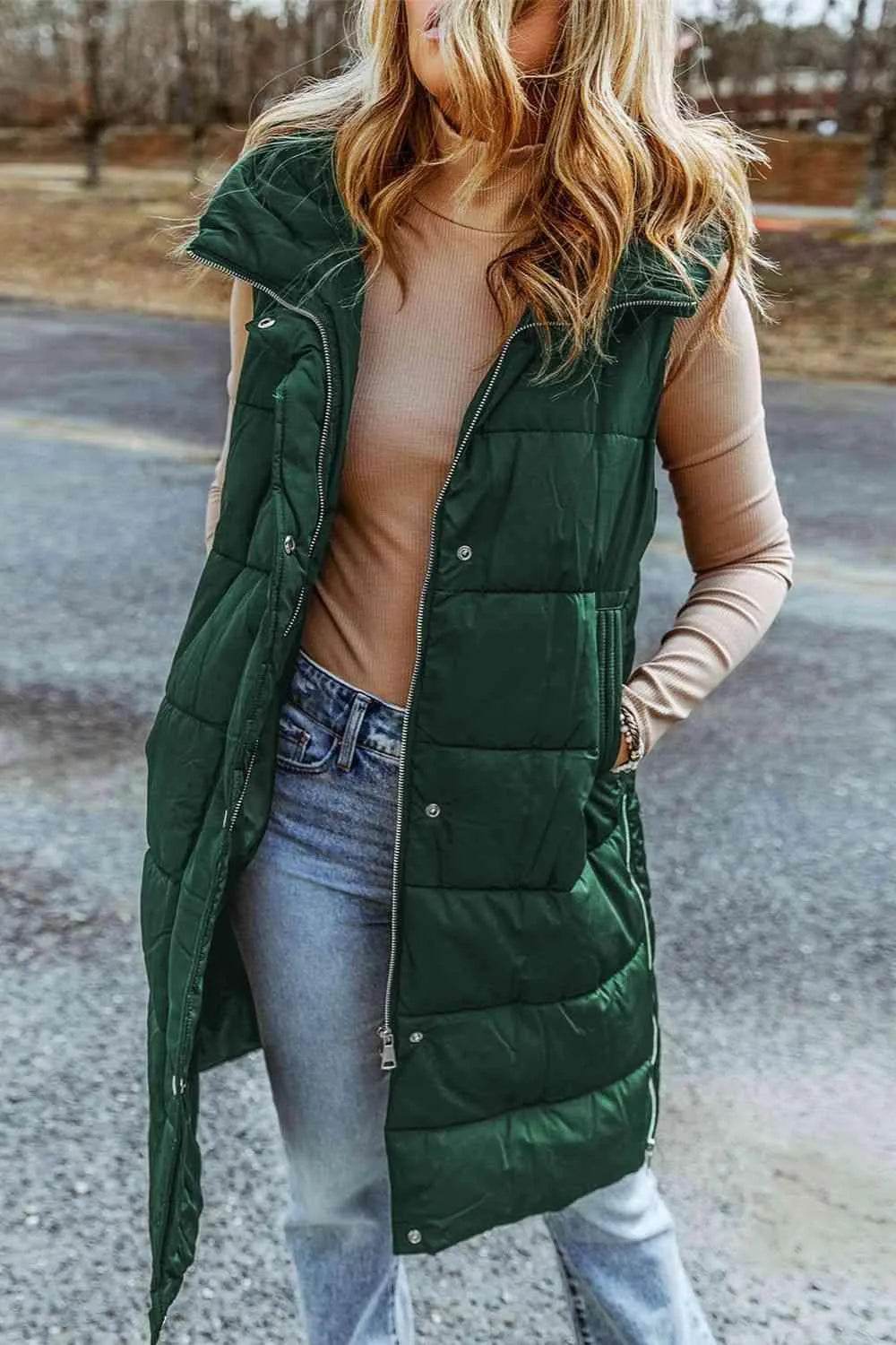 Bona Fide Fashion - Longline Hooded Sleeveless Puffer Vest - Women Fashion - Bona Fide Fashion