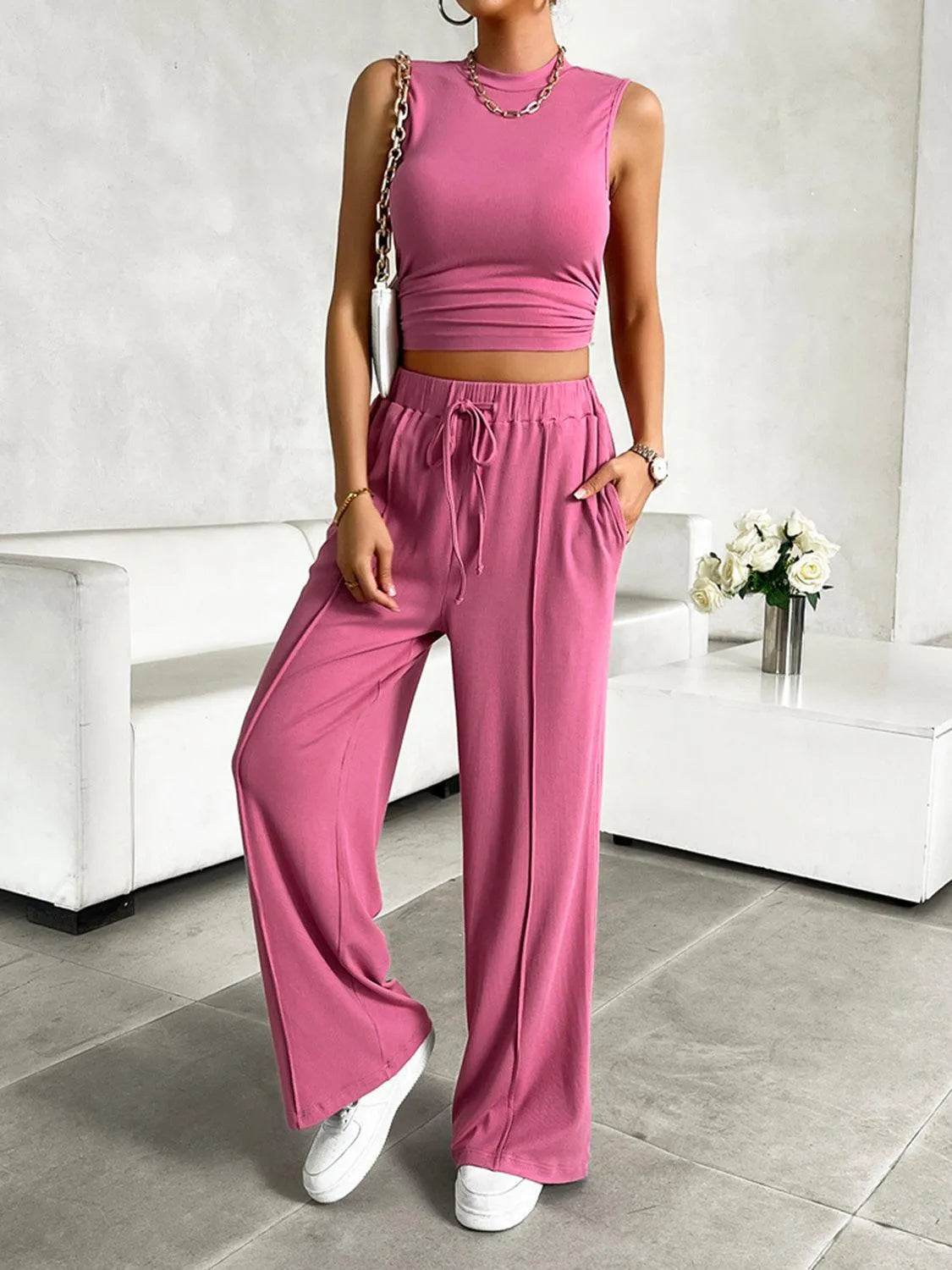Bona Fide Fashion - Mock Neck Sleeveless Top and Drawstring Pants Set - Women Fashion - Bona Fide Fashion