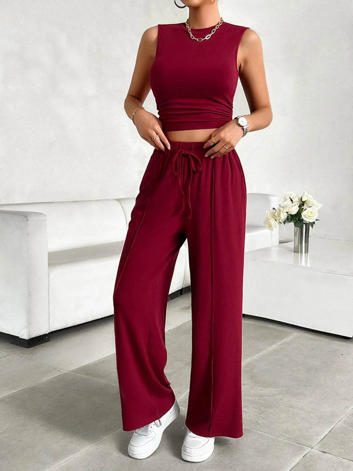 Bona Fide Fashion - Mock Neck Sleeveless Top and Drawstring Pants Set - Women Fashion - Bona Fide Fashion