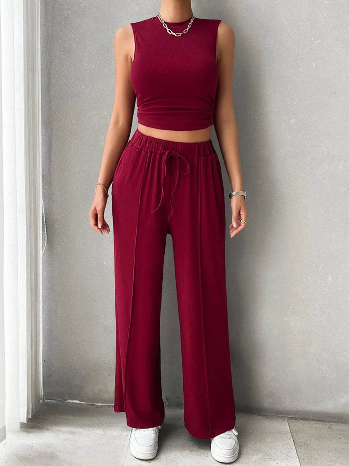 Bona Fide Fashion - Mock Neck Sleeveless Top and Drawstring Pants Set - Women Fashion - Bona Fide Fashion