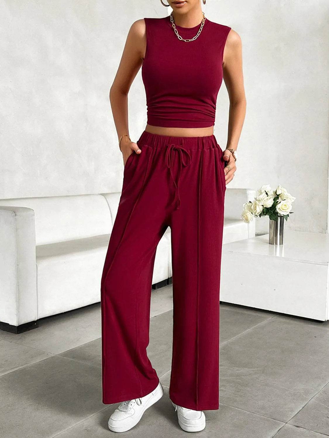 Bona Fide Fashion - Mock Neck Sleeveless Top and Drawstring Pants Set - Women Fashion - Bona Fide Fashion
