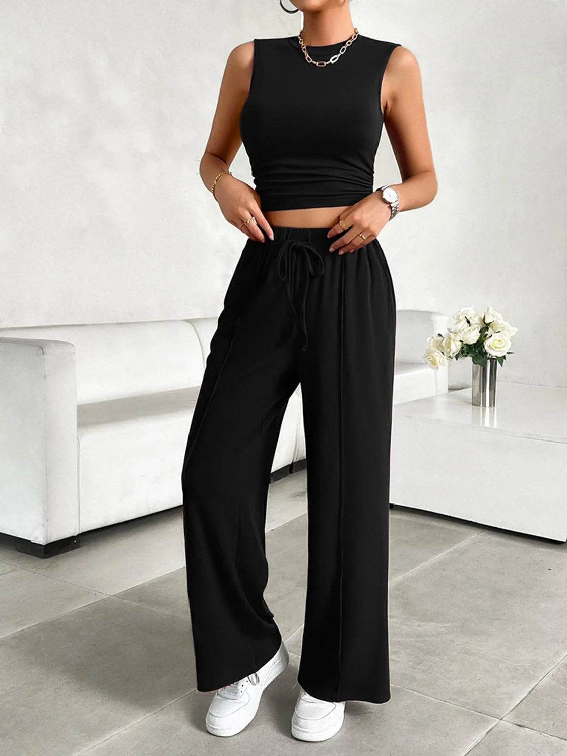 Bona Fide Fashion - Mock Neck Sleeveless Top and Drawstring Pants Set - Women Fashion - Bona Fide Fashion