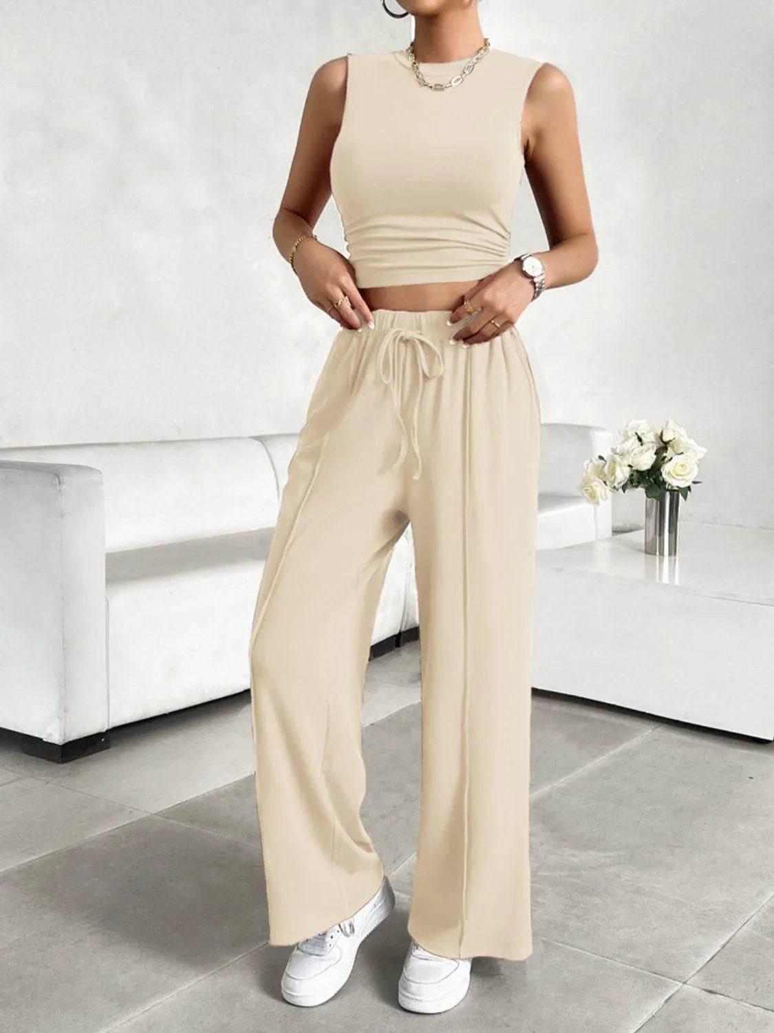 Bona Fide Fashion - Mock Neck Sleeveless Top and Drawstring Pants Set - Women Fashion - Bona Fide Fashion
