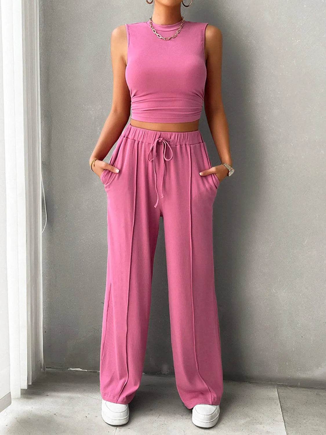 Bona Fide Fashion - Mock Neck Sleeveless Top and Drawstring Pants Set - Women Fashion - Bona Fide Fashion
