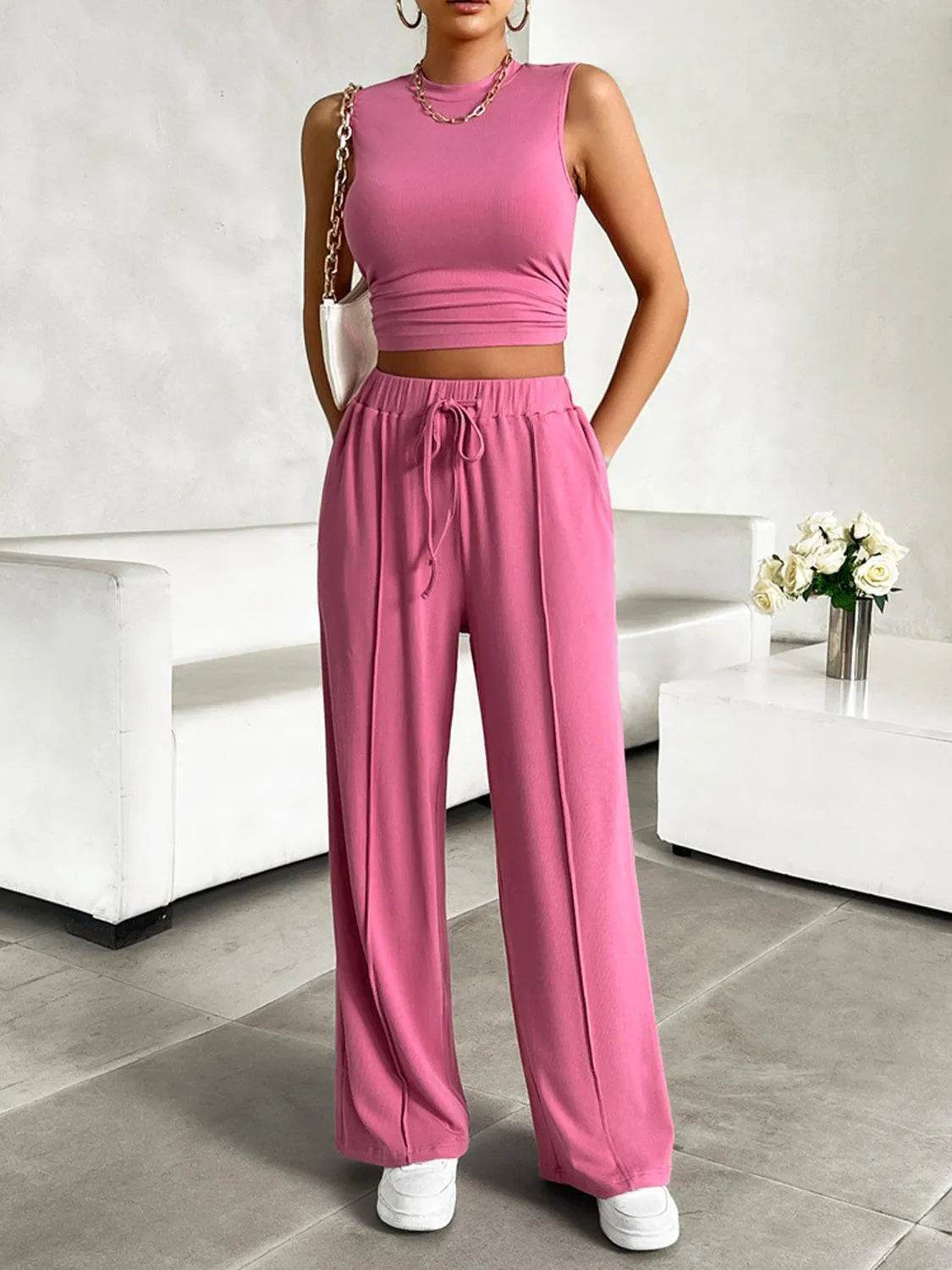 Bona Fide Fashion - Mock Neck Sleeveless Top and Drawstring Pants Set - Women Fashion - Bona Fide Fashion