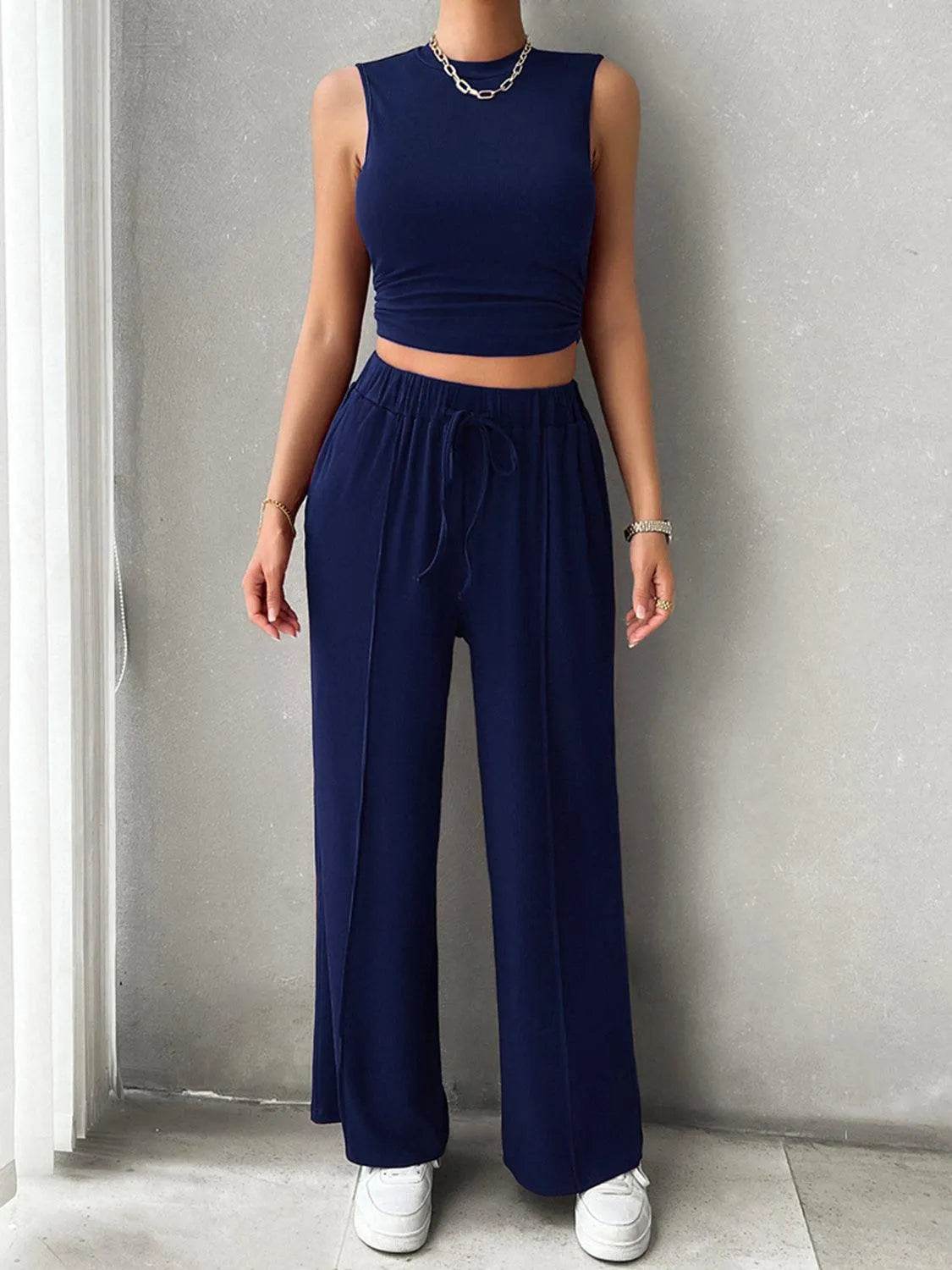 Bona Fide Fashion - Mock Neck Sleeveless Top and Drawstring Pants Set - Women Fashion - Bona Fide Fashion