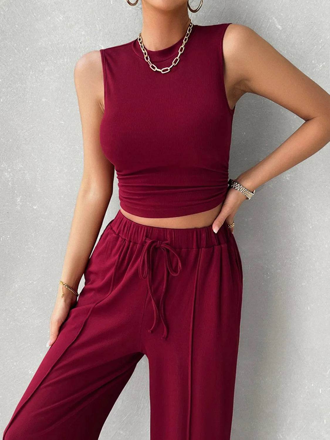 Bona Fide Fashion - Mock Neck Sleeveless Top and Drawstring Pants Set - Women Fashion - Bona Fide Fashion