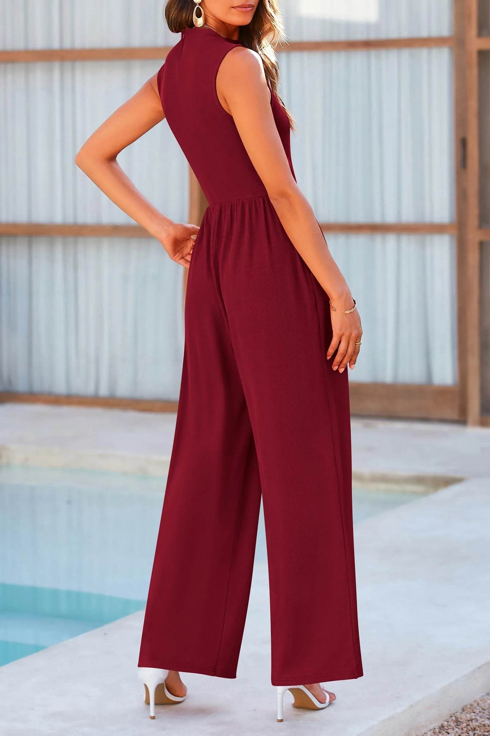 Mock Neck Sleeveless Wide Leg Jumpsuit – Elegant One-Piece Outfit for Women - Bona Fide Fashion