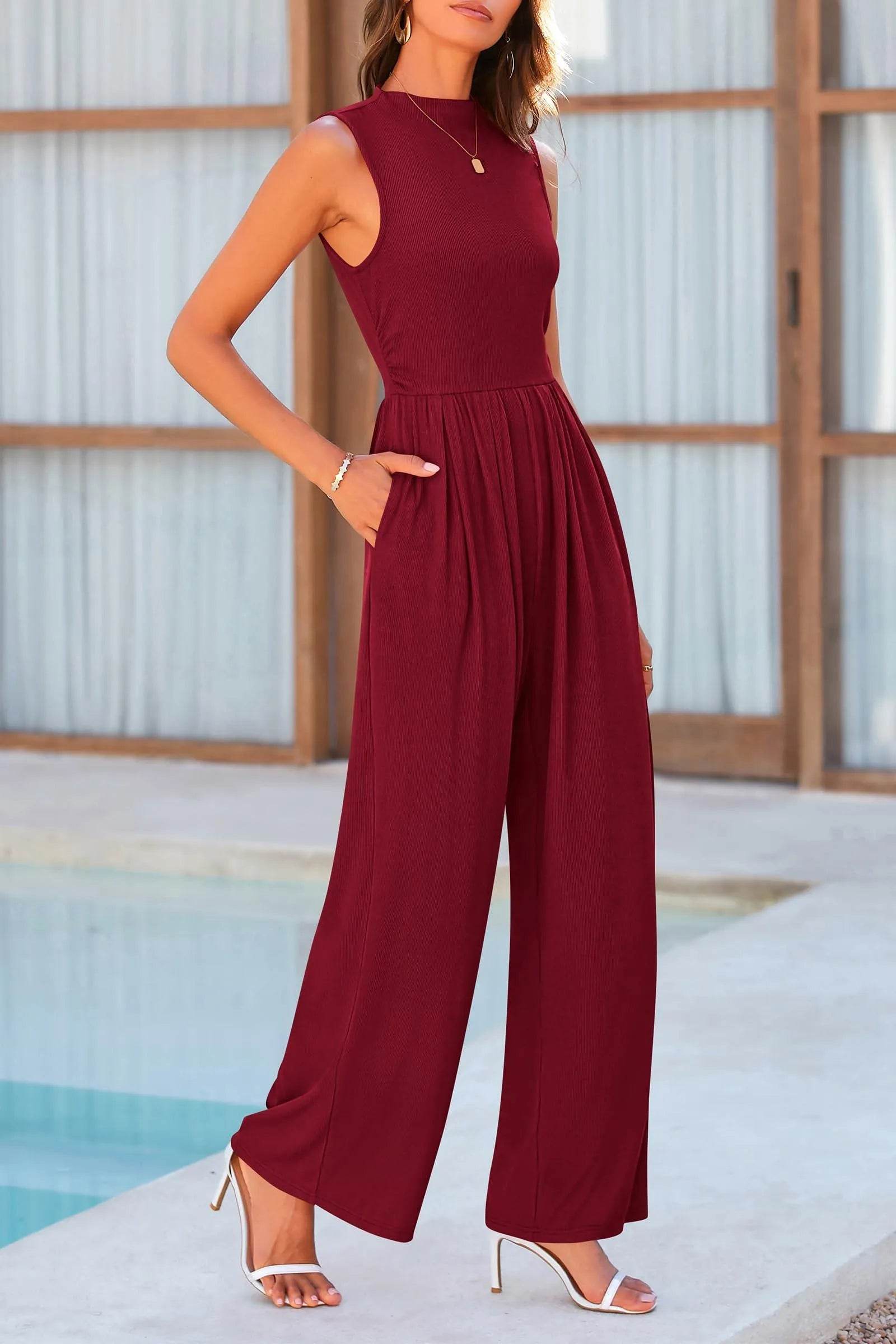 Mock Neck Sleeveless Wide Leg Jumpsuit – Elegant One-Piece Outfit for Women - Bona Fide Fashion
