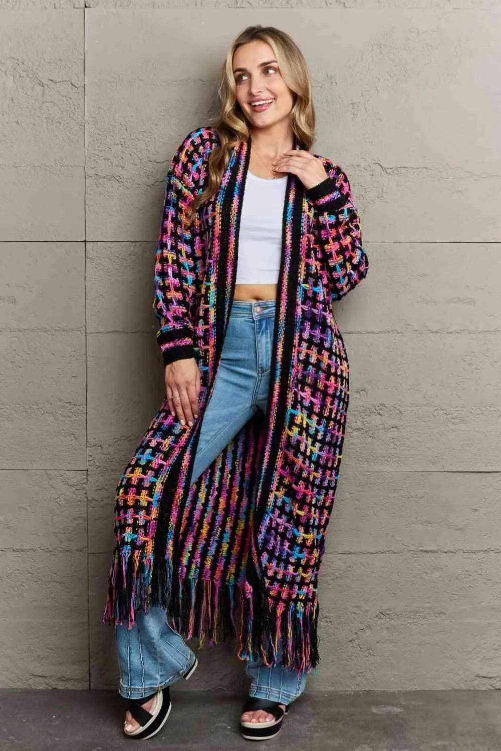 Bona Fide Fashion - Multicolored Open Front Fringe Hem Cardigan - Women Fashion - Bona Fide Fashion