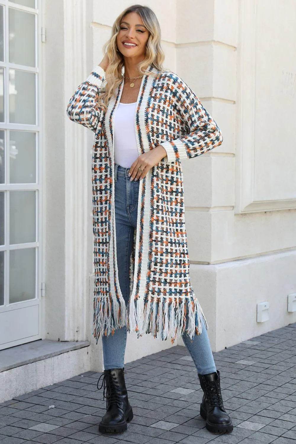 Bona Fide Fashion - Multicolored Open Front Fringe Hem Cardigan - Women Fashion - Bona Fide Fashion