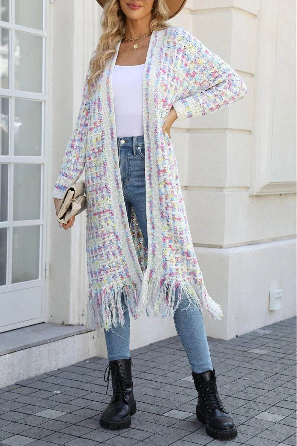 Bona Fide Fashion - Multicolored Open Front Fringe Hem Cardigan - Women Fashion - Bona Fide Fashion