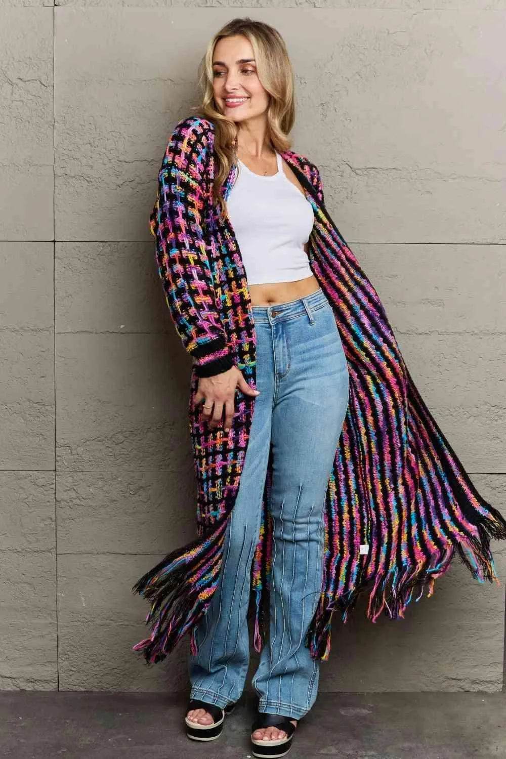 Bona Fide Fashion - Multicolored Open Front Fringe Hem Cardigan - Women Fashion - Bona Fide Fashion