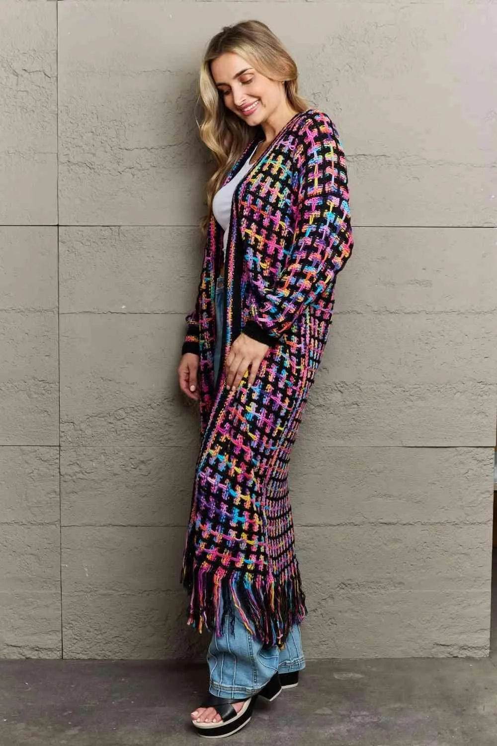 Bona Fide Fashion - Multicolored Open Front Fringe Hem Cardigan - Women Fashion - Bona Fide Fashion