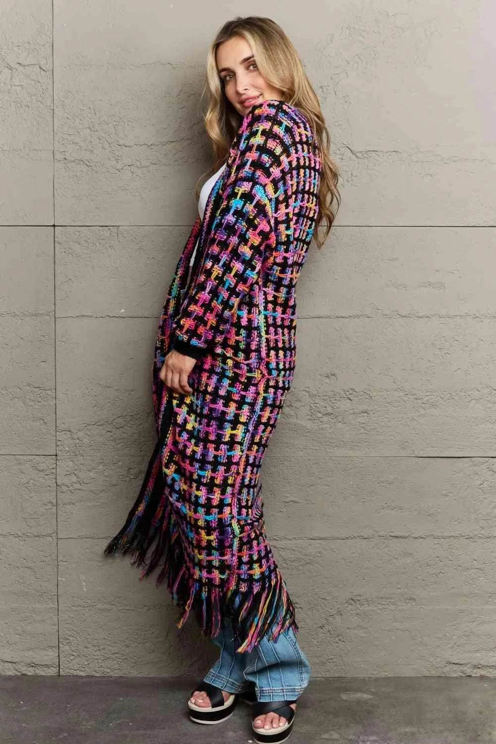 Bona Fide Fashion - Multicolored Open Front Fringe Hem Cardigan - Women Fashion - Bona Fide Fashion