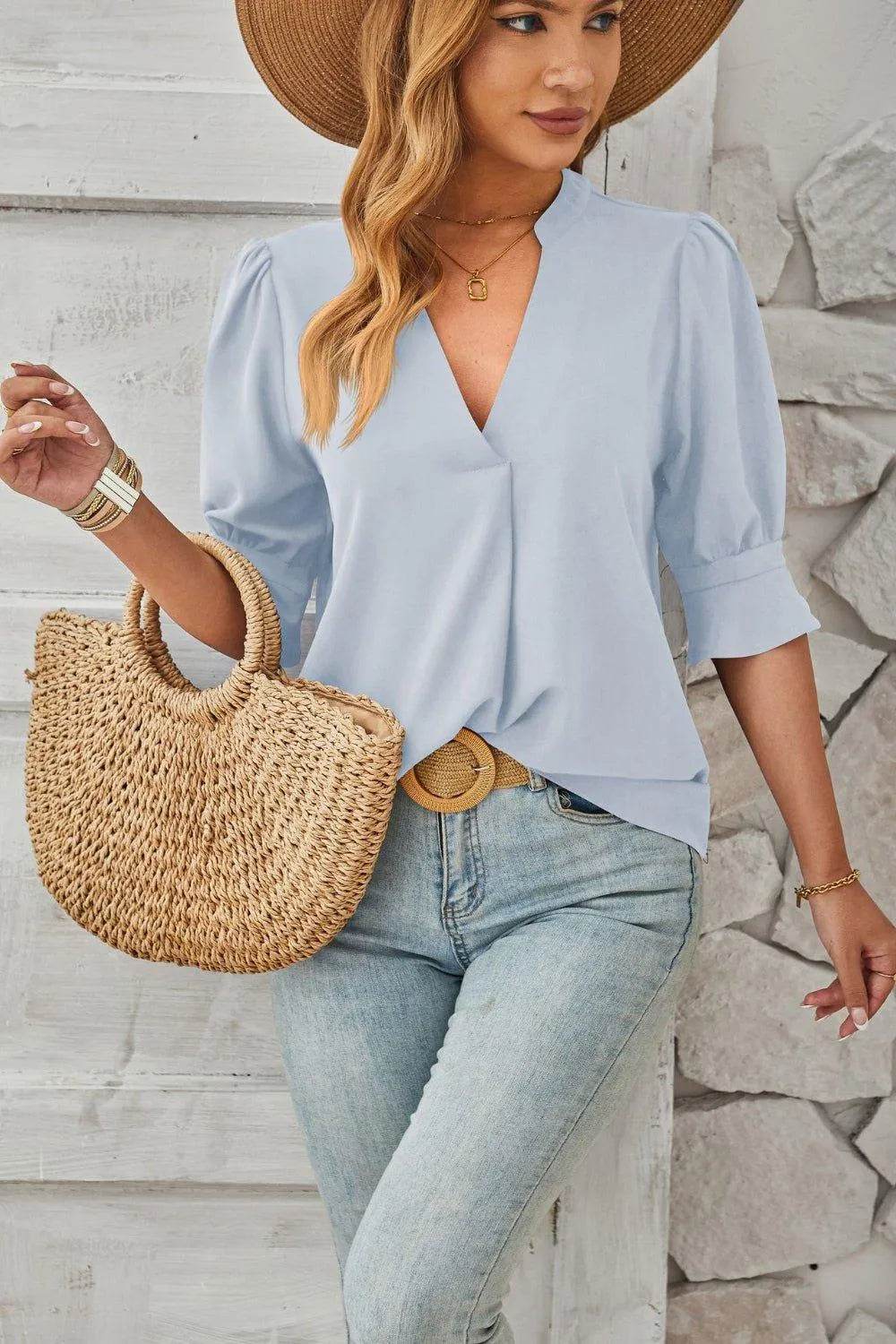 Bona Fide Fashion - Notched Half Sleeve T-Shirt - Women Fashion - Bona Fide Fashion