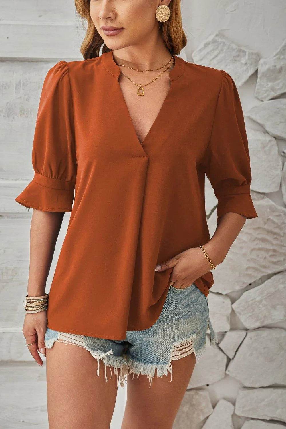 Bona Fide Fashion - Notched Half Sleeve T-Shirt - Women Fashion - Bona Fide Fashion