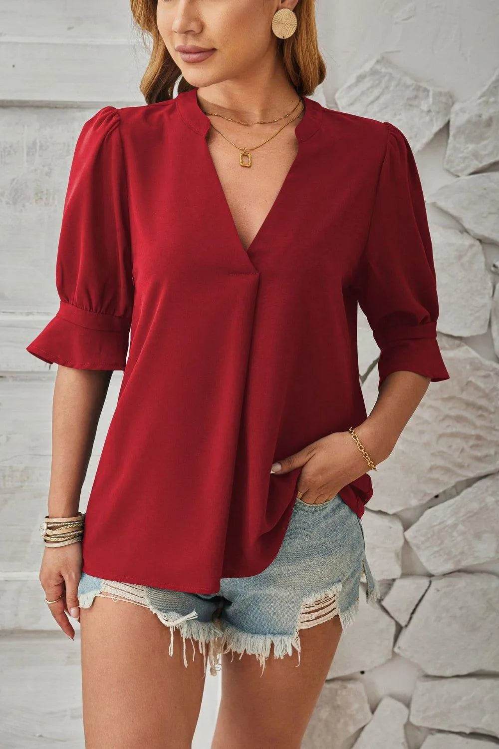 Bona Fide Fashion - Notched Half Sleeve T-Shirt - Women Fashion - Bona Fide Fashion