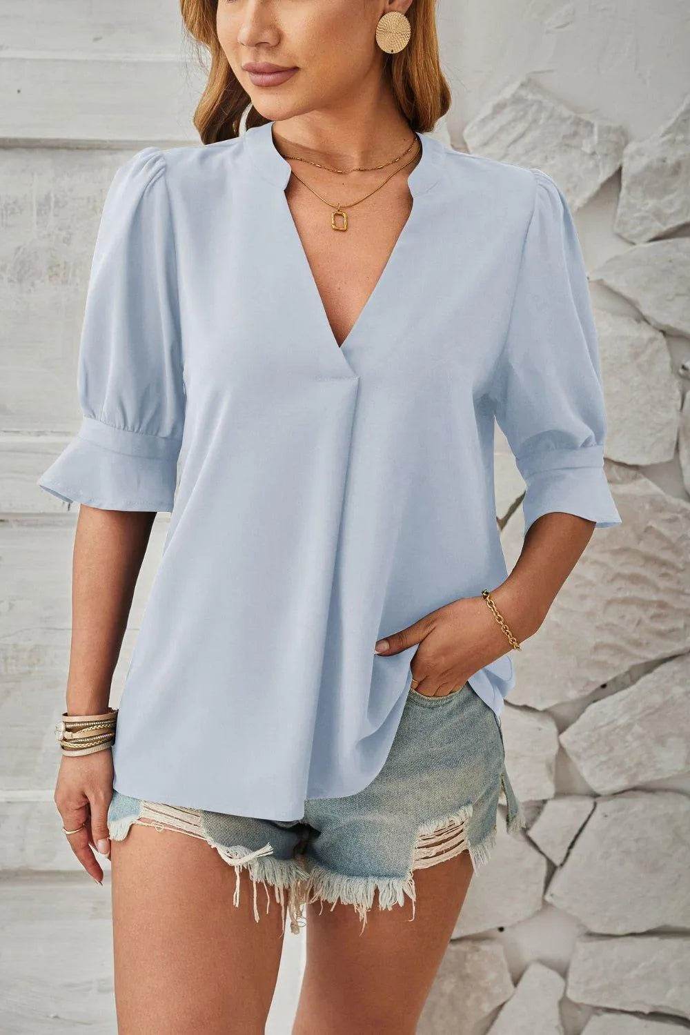 Bona Fide Fashion - Notched Half Sleeve T-Shirt - Women Fashion - Bona Fide Fashion