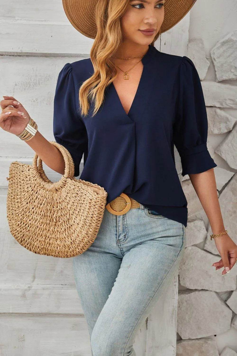 Bona Fide Fashion - Notched Half Sleeve T-Shirt - Women Fashion - Bona Fide Fashion