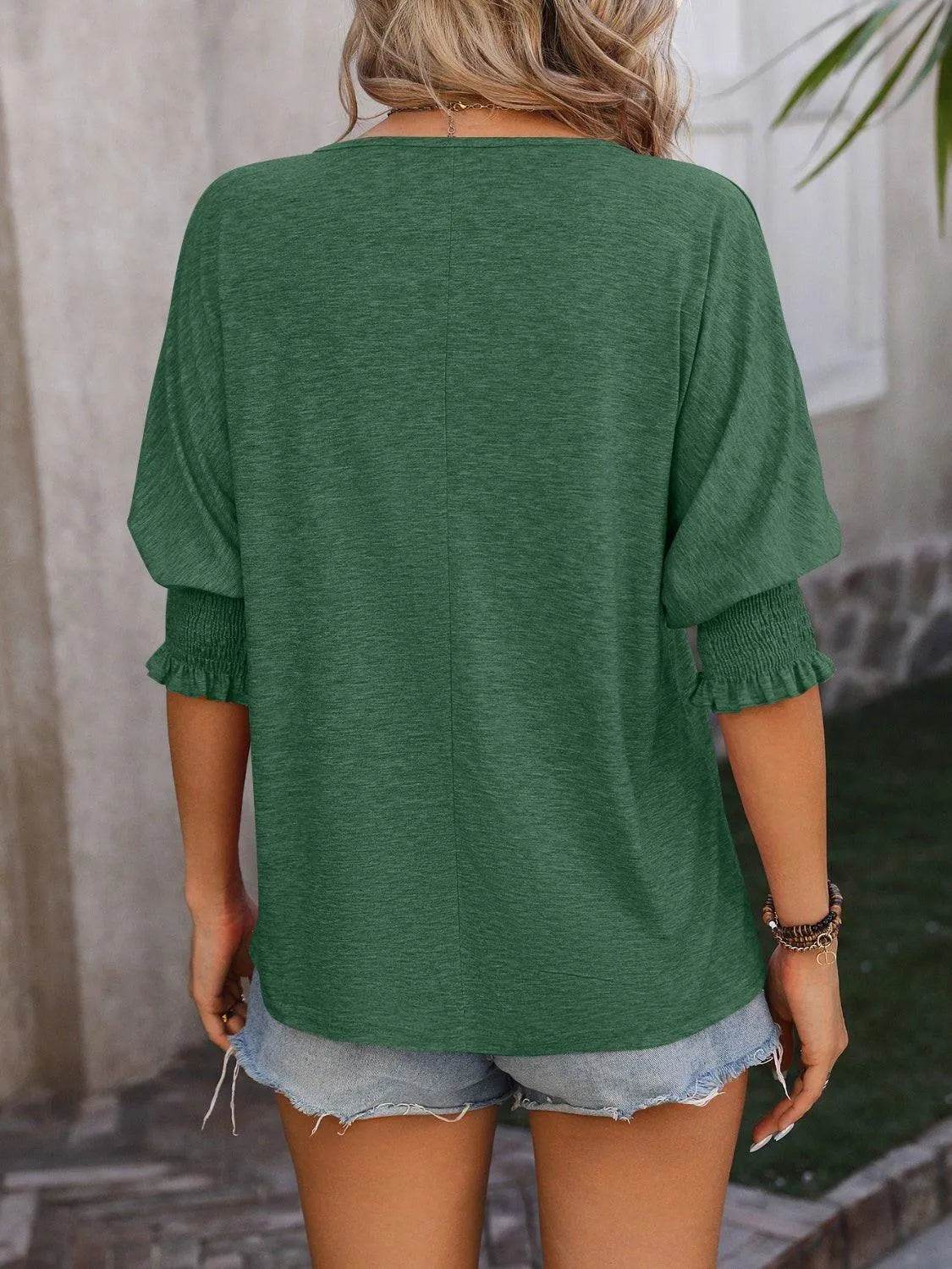 Bona Fide Fashion - Notched Lantern Sleeve Blouse - Women Fashion - Bona Fide Fashion