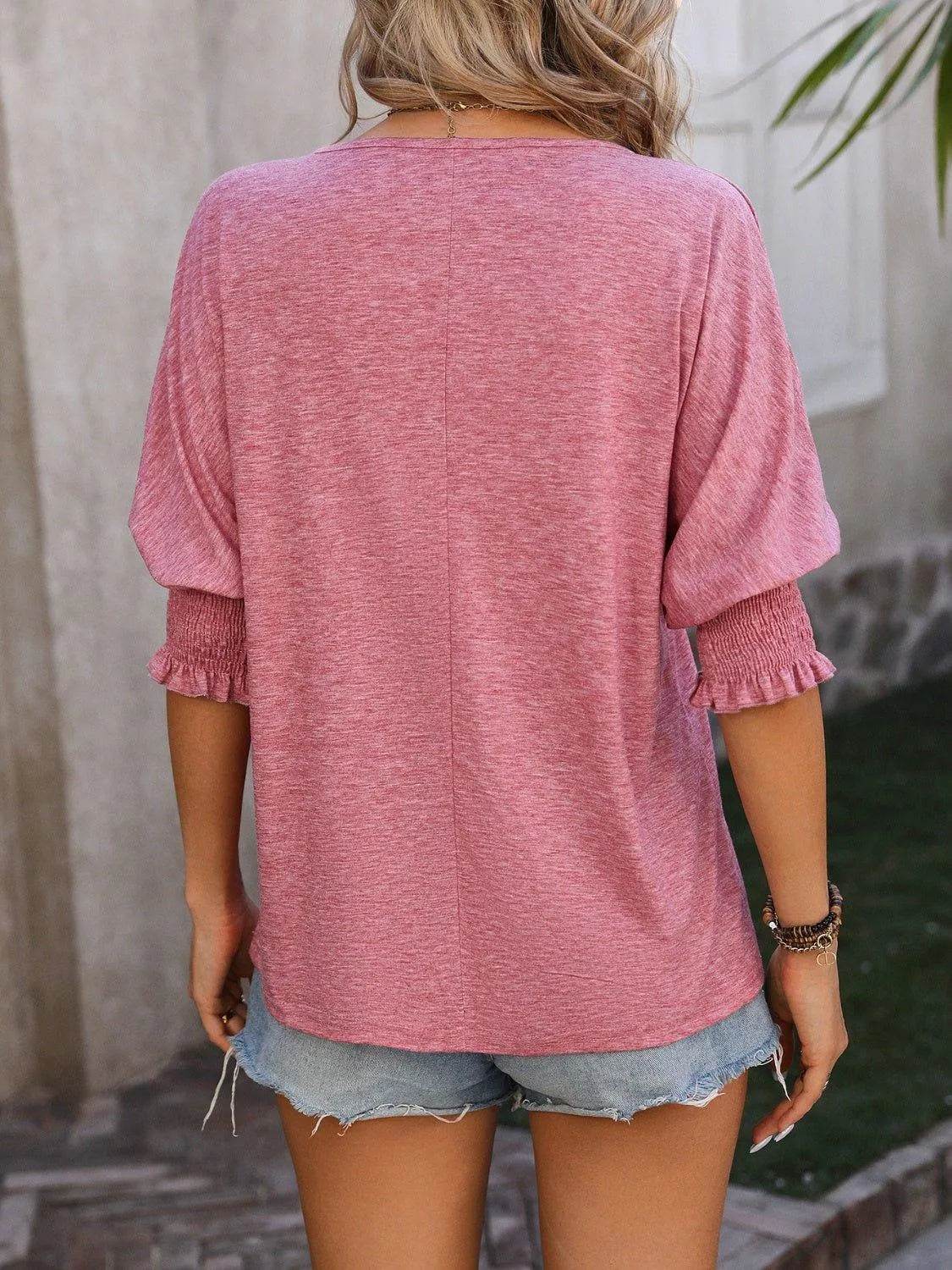 Bona Fide Fashion - Notched Lantern Sleeve Blouse - Women Fashion - Bona Fide Fashion