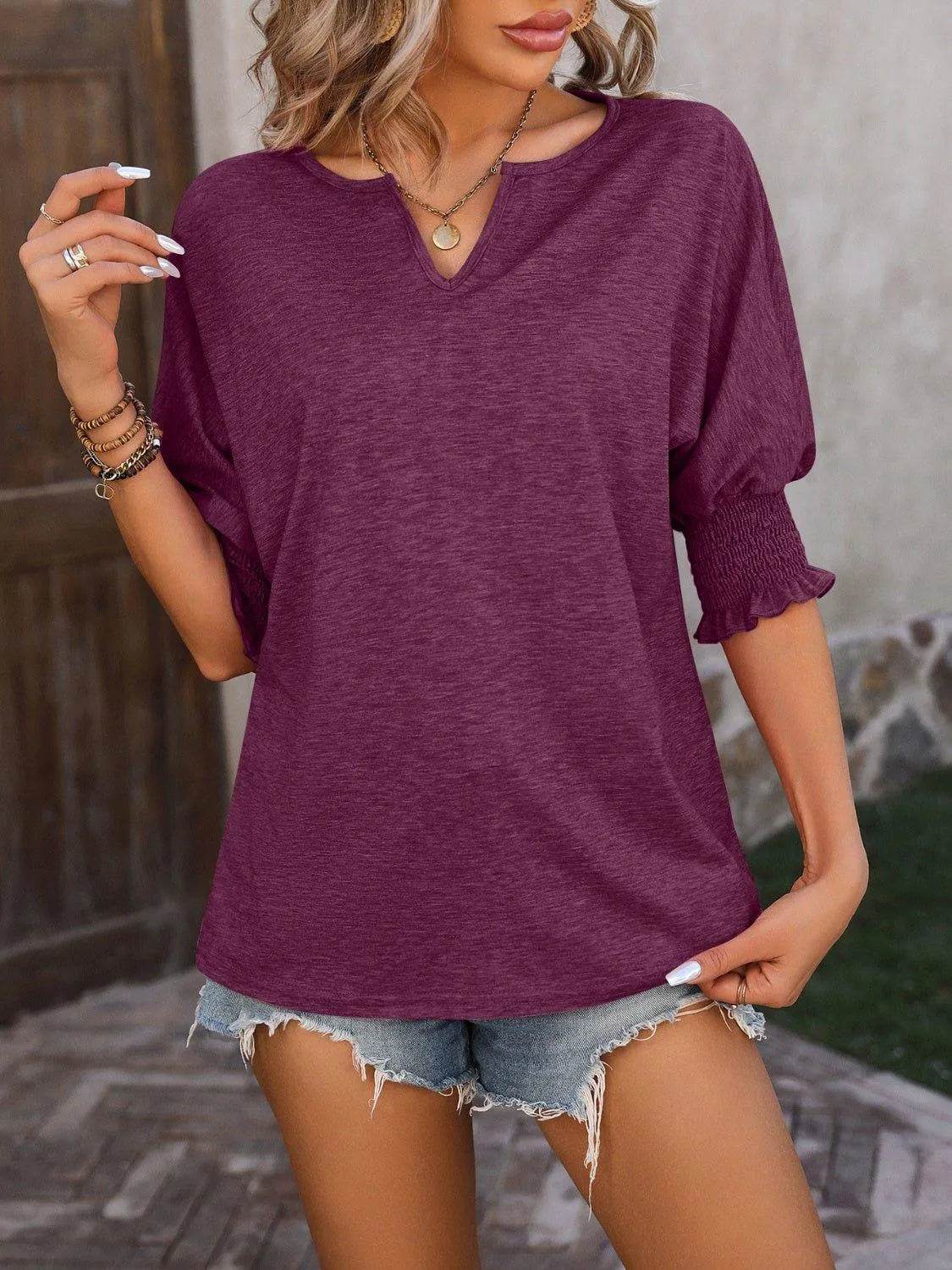 Bona Fide Fashion - Notched Lantern Sleeve Blouse - Women Fashion - Bona Fide Fashion