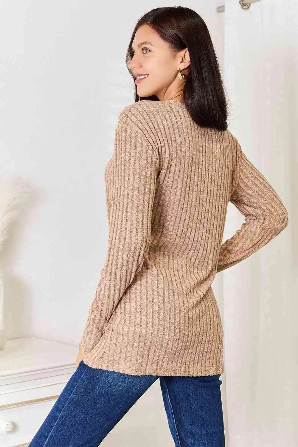 Bona Fide Fashion - Notched Neck Ribbed Long Sleeve T-Shirt - Women Fashion - Bona Fide Fashion
