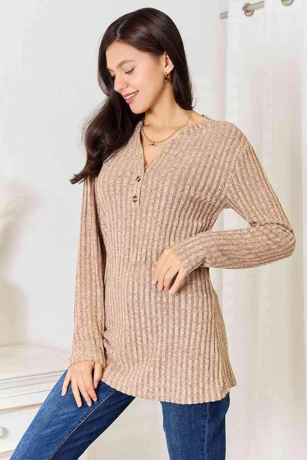 Bona Fide Fashion - Notched Neck Ribbed Long Sleeve T-Shirt - Women Fashion - Bona Fide Fashion