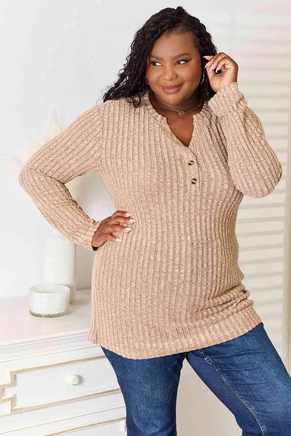 Bona Fide Fashion - Notched Neck Ribbed Long Sleeve T-Shirt - Women Fashion - Bona Fide Fashion