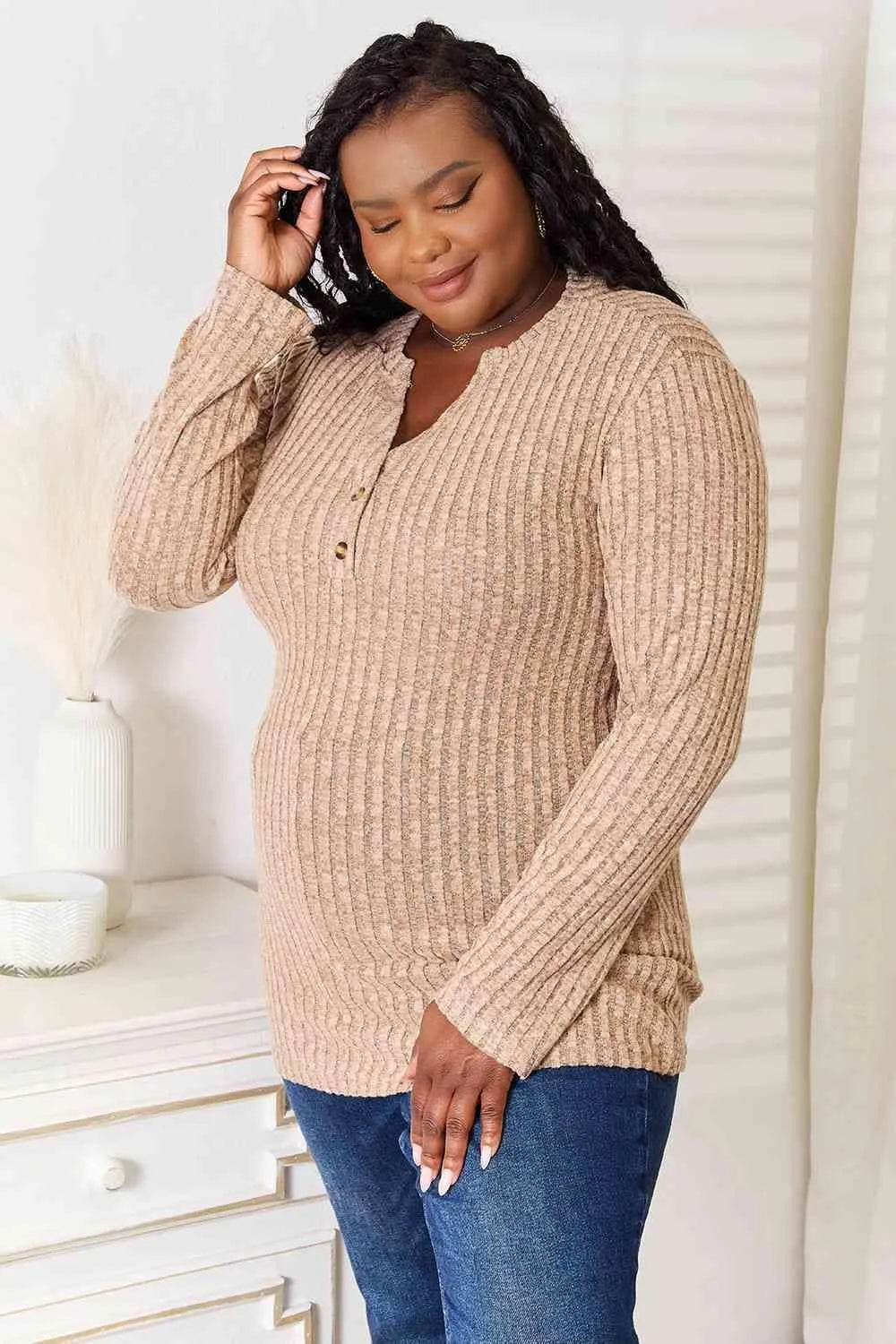Bona Fide Fashion - Notched Neck Ribbed Long Sleeve T-Shirt - Women Fashion - Bona Fide Fashion