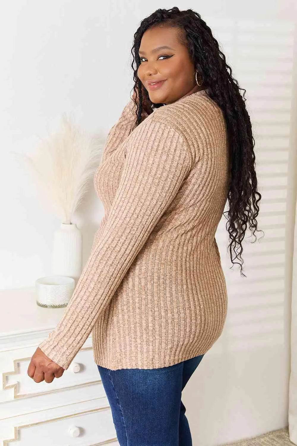 Bona Fide Fashion - Notched Neck Ribbed Long Sleeve T-Shirt - Women Fashion - Bona Fide Fashion