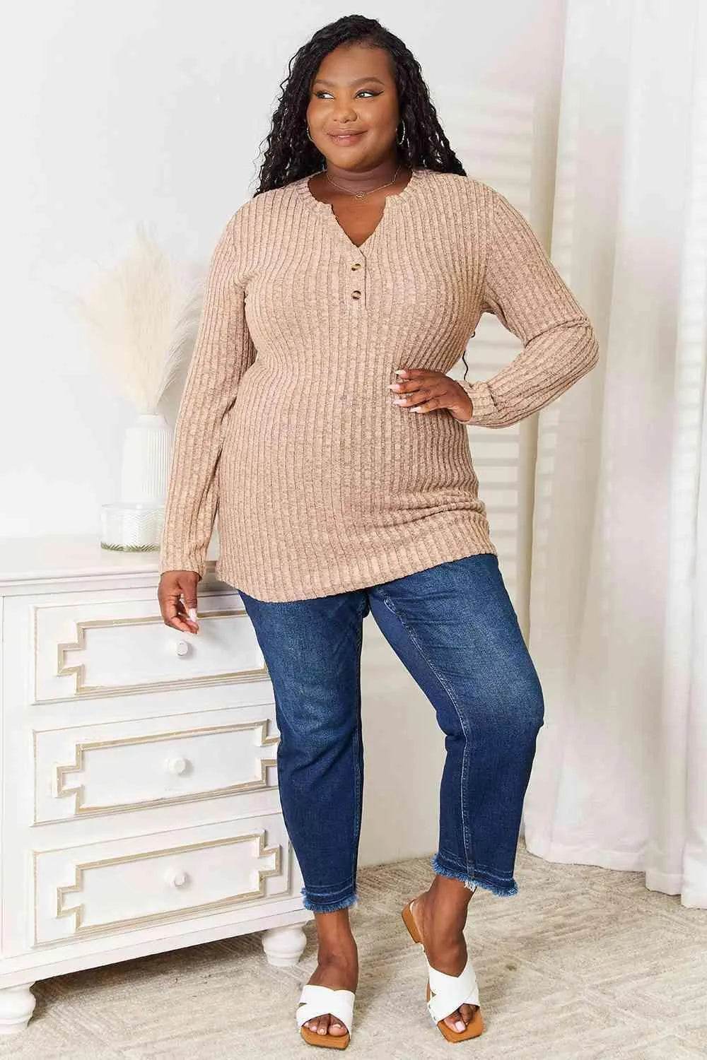 Bona Fide Fashion - Notched Neck Ribbed Long Sleeve T-Shirt - Women Fashion - Bona Fide Fashion