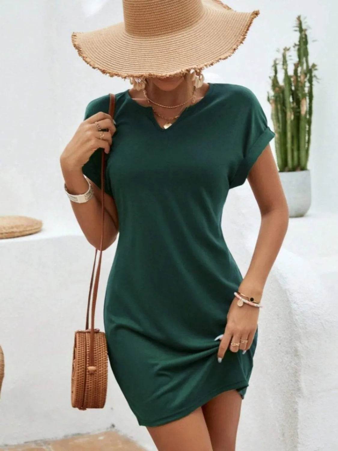 Notched Short Sleeve Mini Tee Dress – Effortless Everyday Style | Bona Fide Fashion - Bona Fide Fashion
