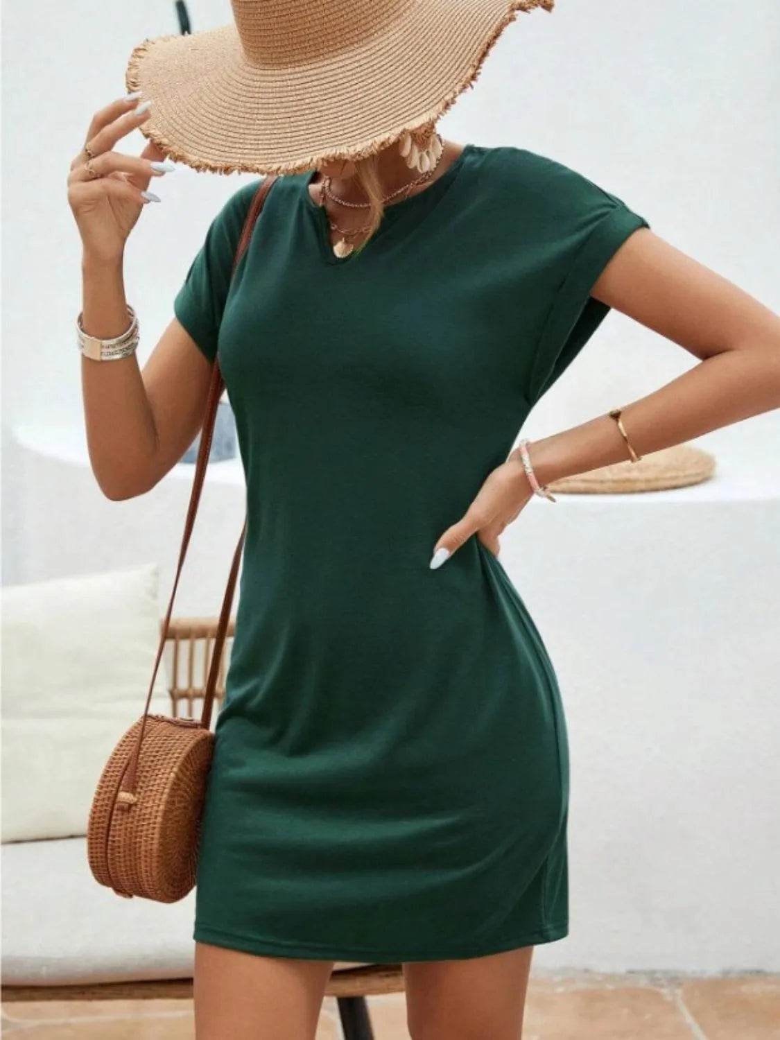 Notched Short Sleeve Mini Tee Dress – Effortless Everyday Style | Bona Fide Fashion - Bona Fide Fashion