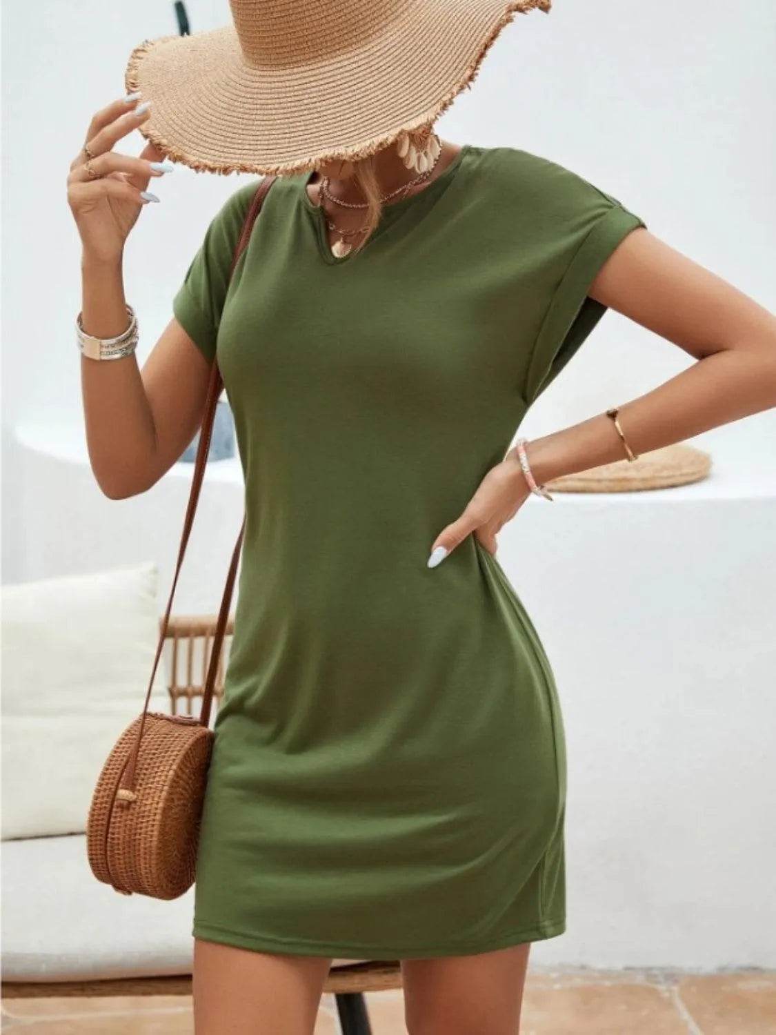 Notched Short Sleeve Mini Tee Dress – Effortless Everyday Style | Bona Fide Fashion - Bona Fide Fashion