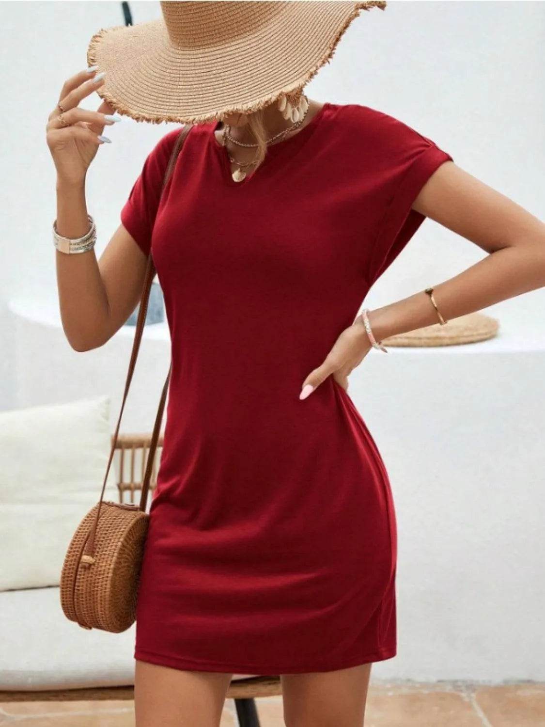Notched Short Sleeve Mini Tee Dress – Effortless Everyday Style | Bona Fide Fashion - Bona Fide Fashion
