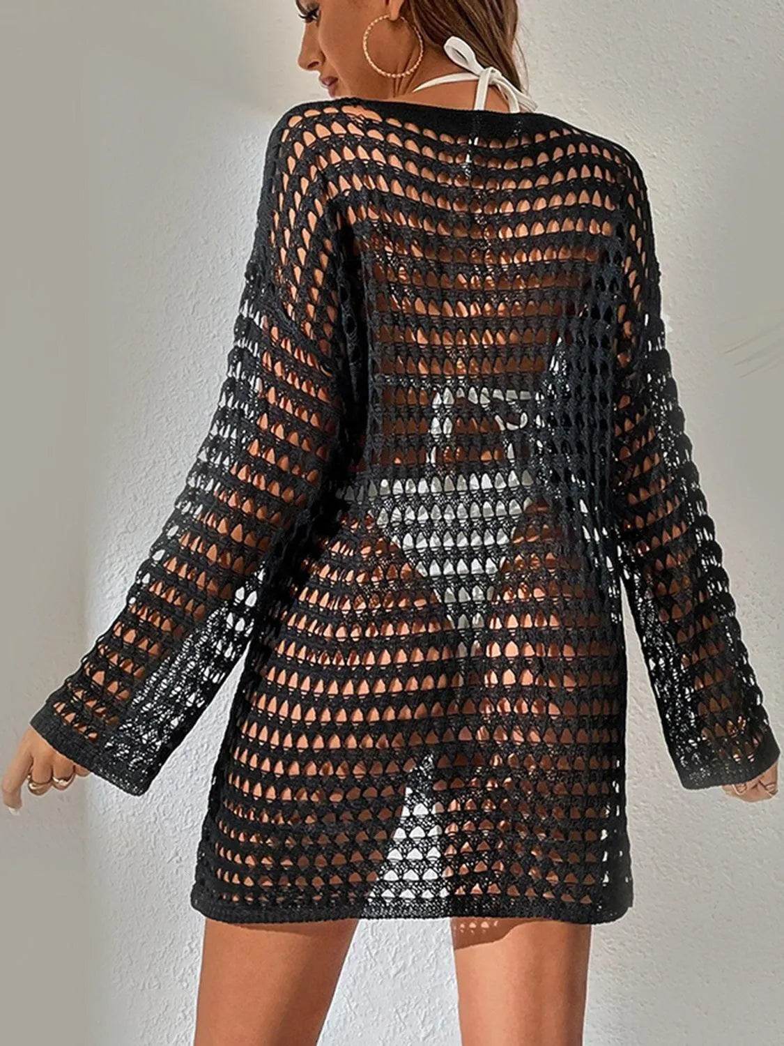 Bona Fide Fashion - Openwork Boat Neck Long Sleeve Cover-Up - Women Fashion - Bona Fide Fashion