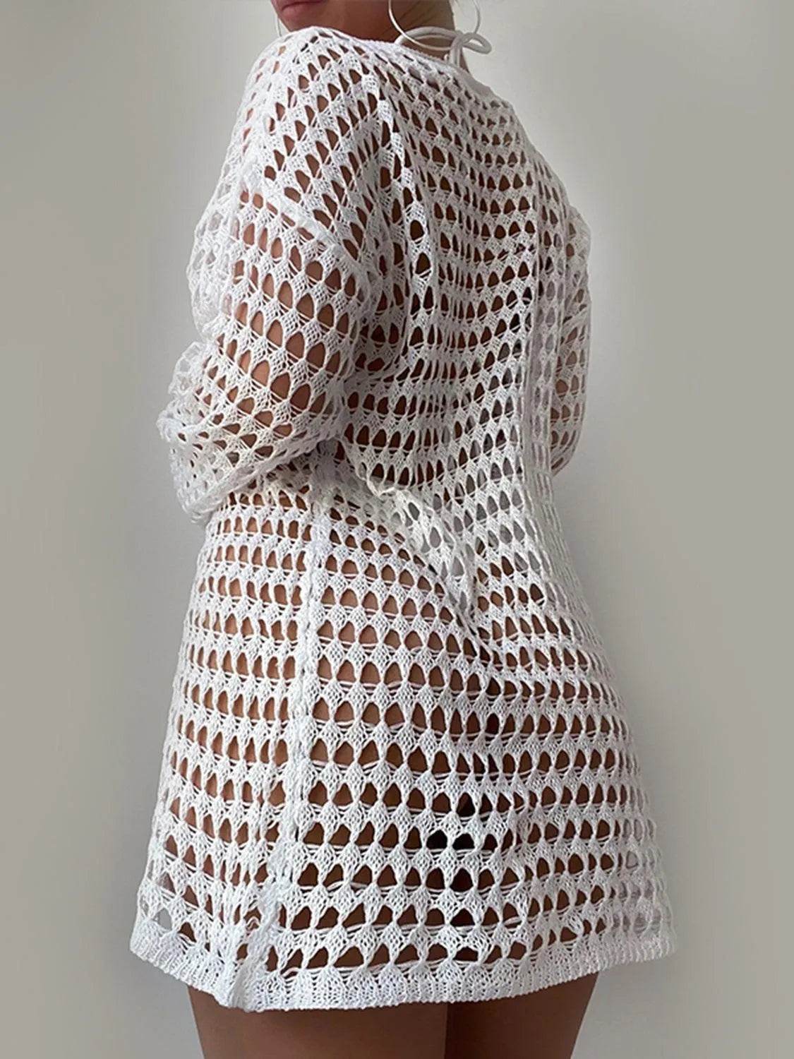Bona Fide Fashion - Openwork Boat Neck Long Sleeve Cover-Up - Women Fashion - Bona Fide Fashion