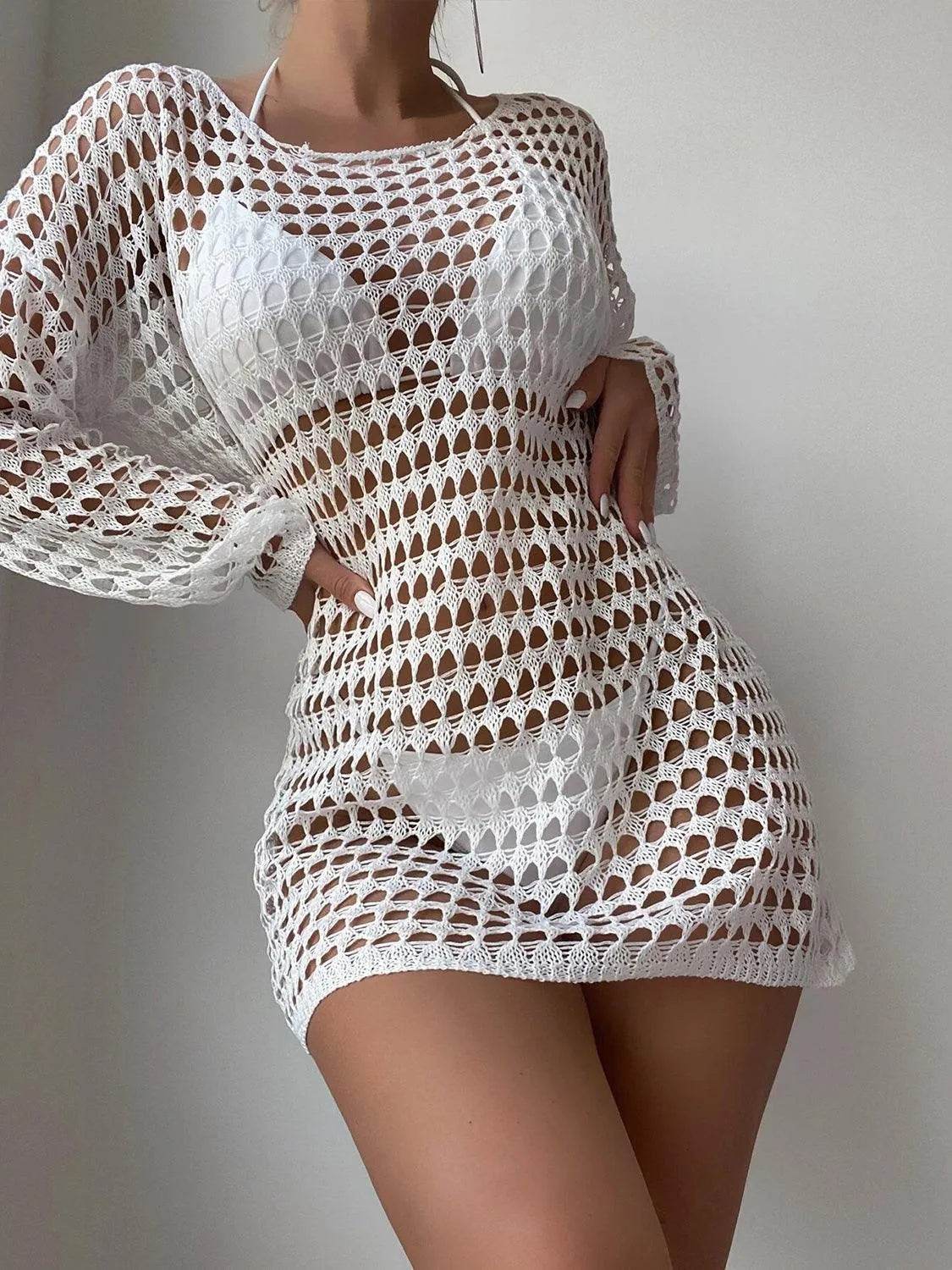 Bona Fide Fashion - Openwork Boat Neck Long Sleeve Cover-Up - Women Fashion - Bona Fide Fashion