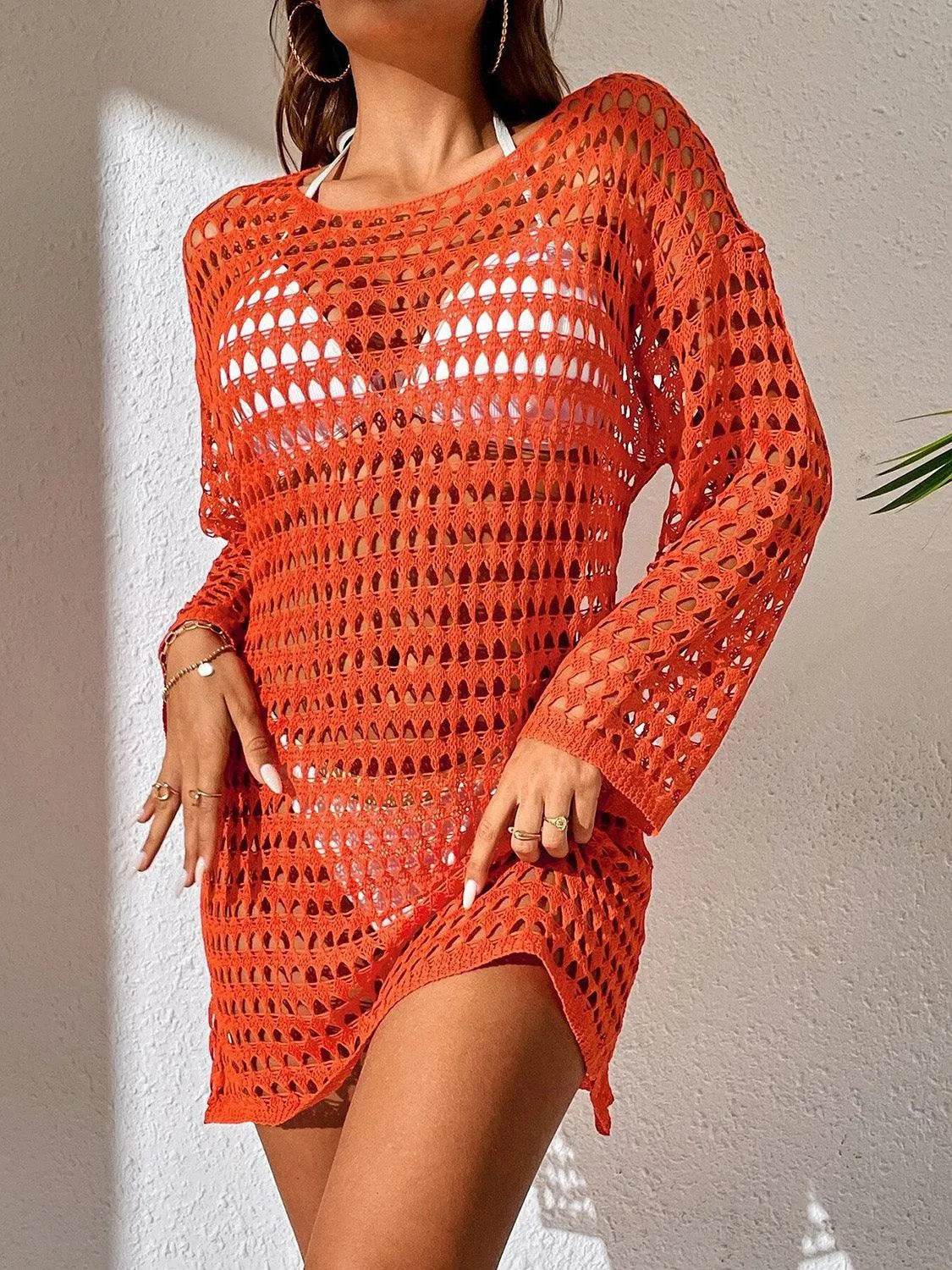 Bona Fide Fashion - Openwork Boat Neck Long Sleeve Cover-Up - Women Fashion - Bona Fide Fashion