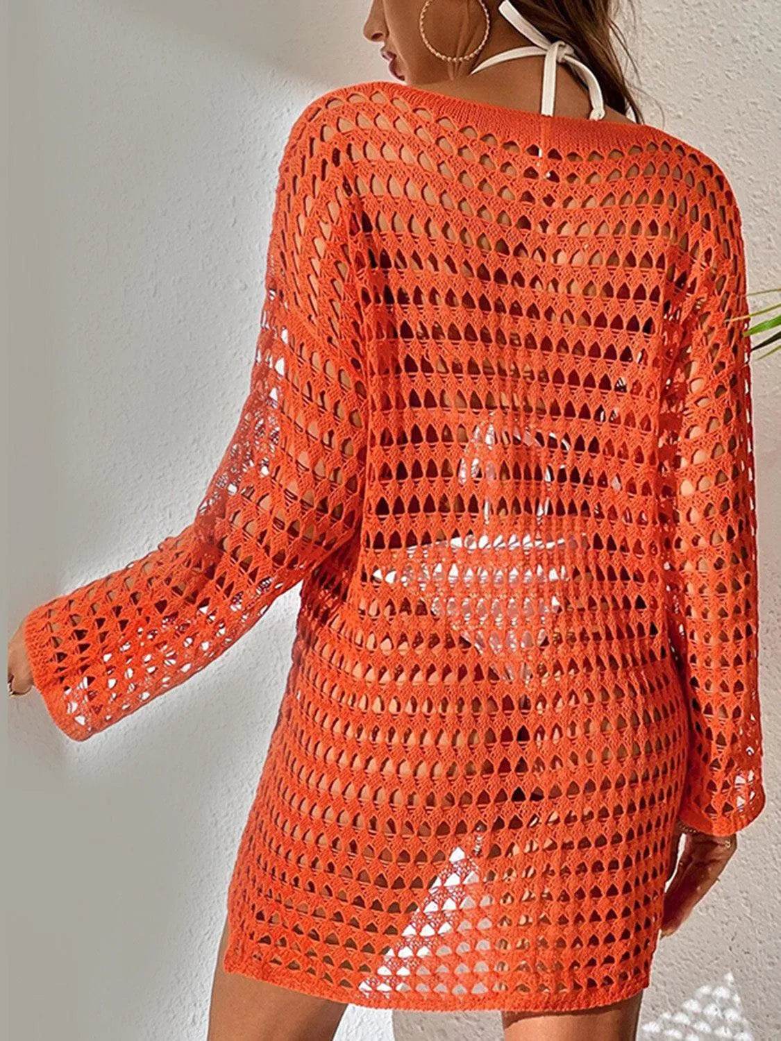 Bona Fide Fashion - Openwork Boat Neck Long Sleeve Cover-Up - Women Fashion - Bona Fide Fashion