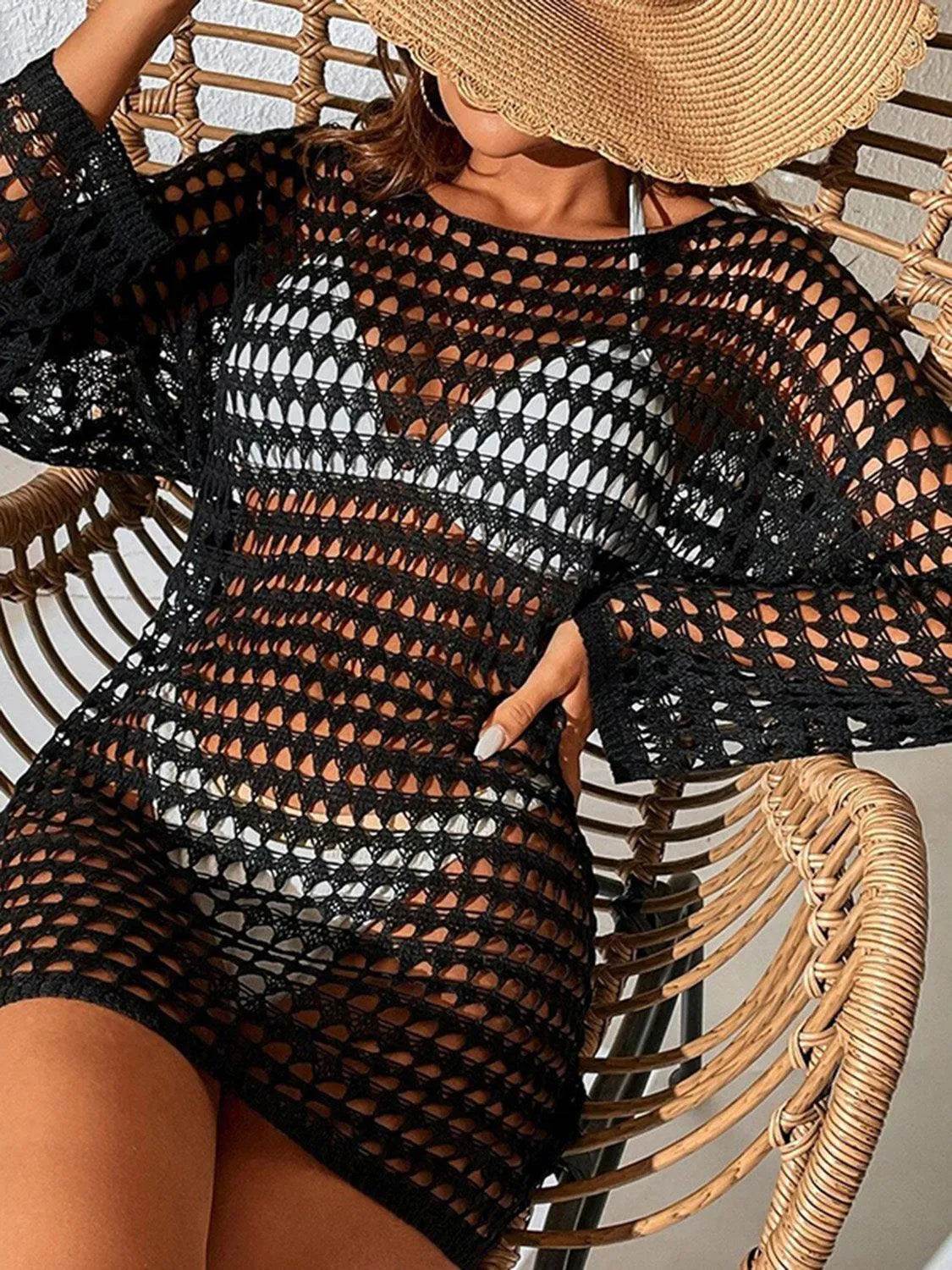 Bona Fide Fashion - Openwork Boat Neck Long Sleeve Cover-Up - Women Fashion - Bona Fide Fashion
