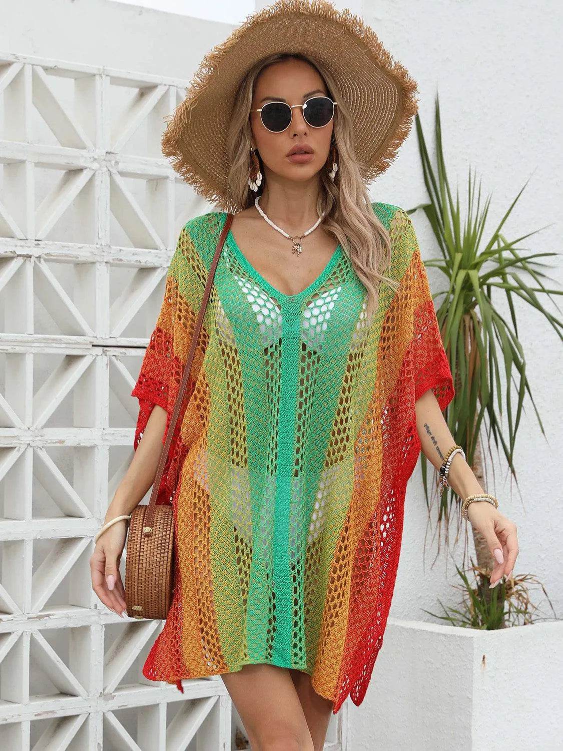 Bona Fide Fashion - Openwork Contrast V-Neck Cover-Up - Women Fashion - Bona Fide Fashion