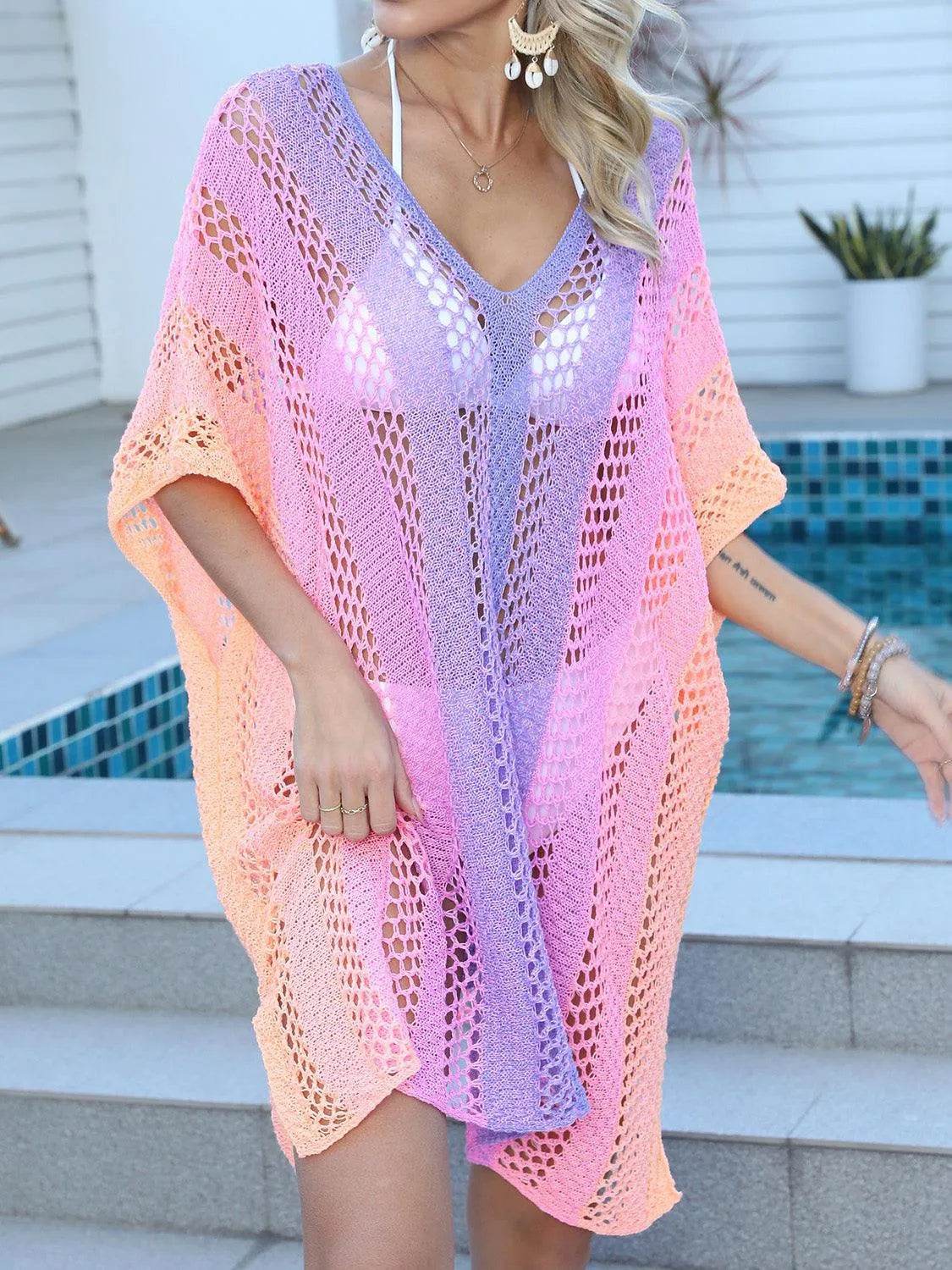 Bona Fide Fashion - Openwork Contrast V-Neck Cover-Up - Women Fashion - Bona Fide Fashion